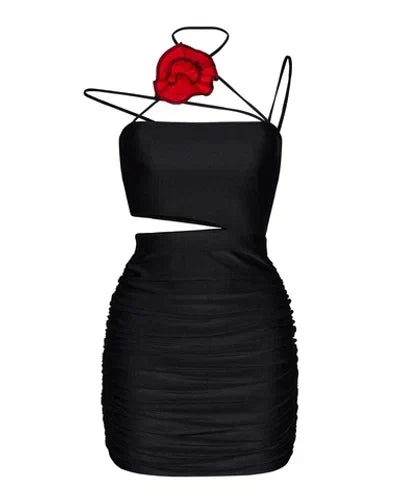 Black Asymmetric Evening Dress with Rose Detail