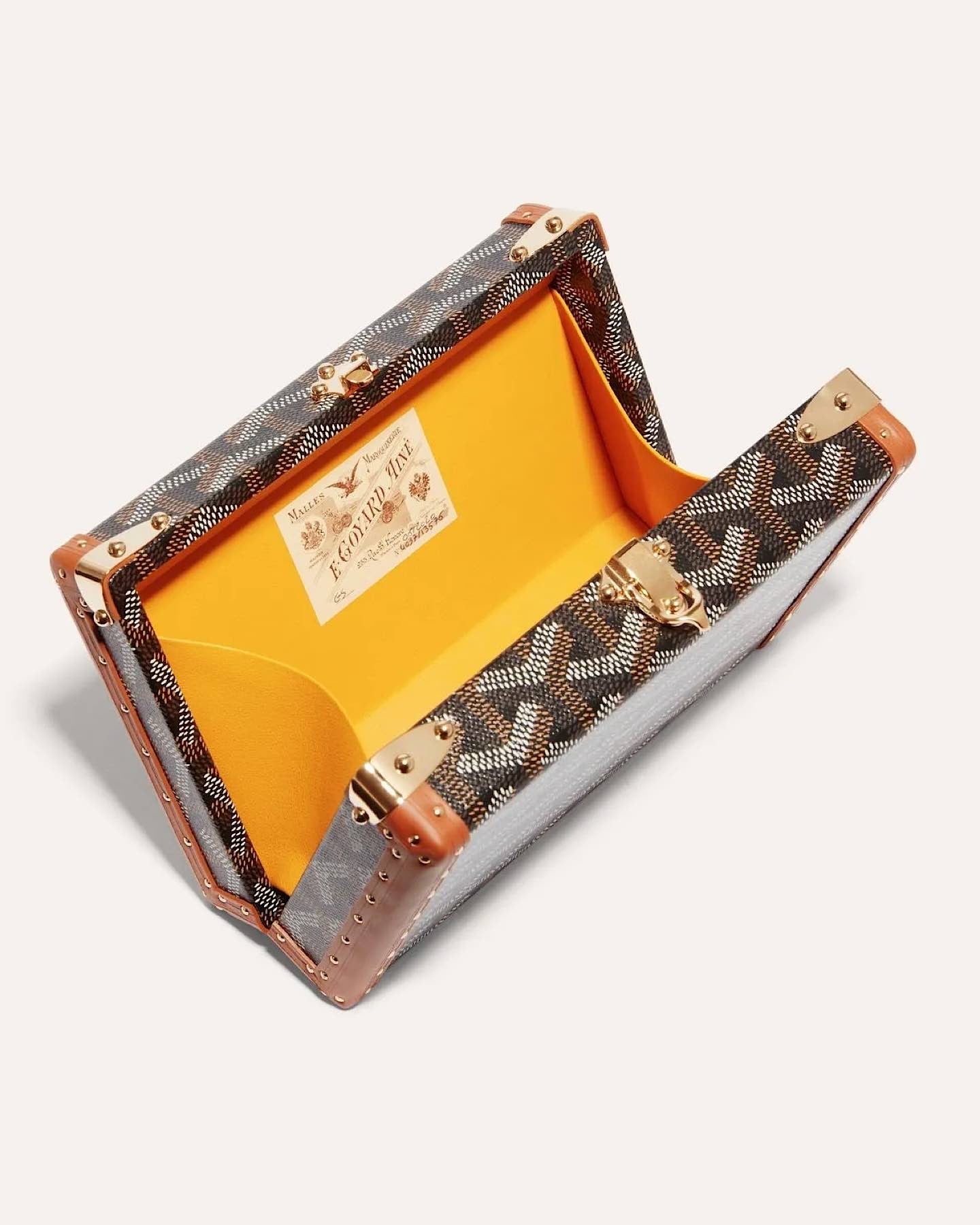 Goyard Minaudière Trunk Bag in signature Goyardine canvas with leather trim and palladium hardware, featuring a structured trunk silhouette and detachable shoulder strap.