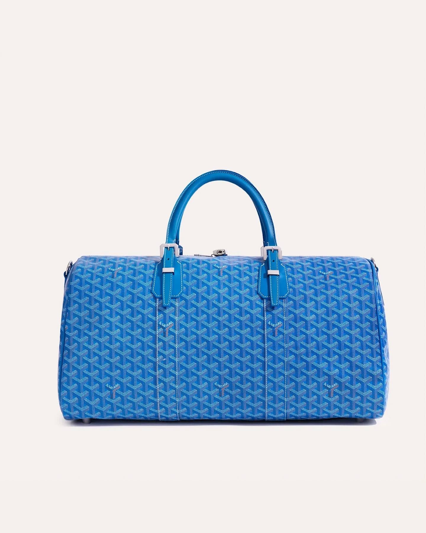 Goyard Boston 50 Bag in Sky Blue Goyardine canvas, front view.