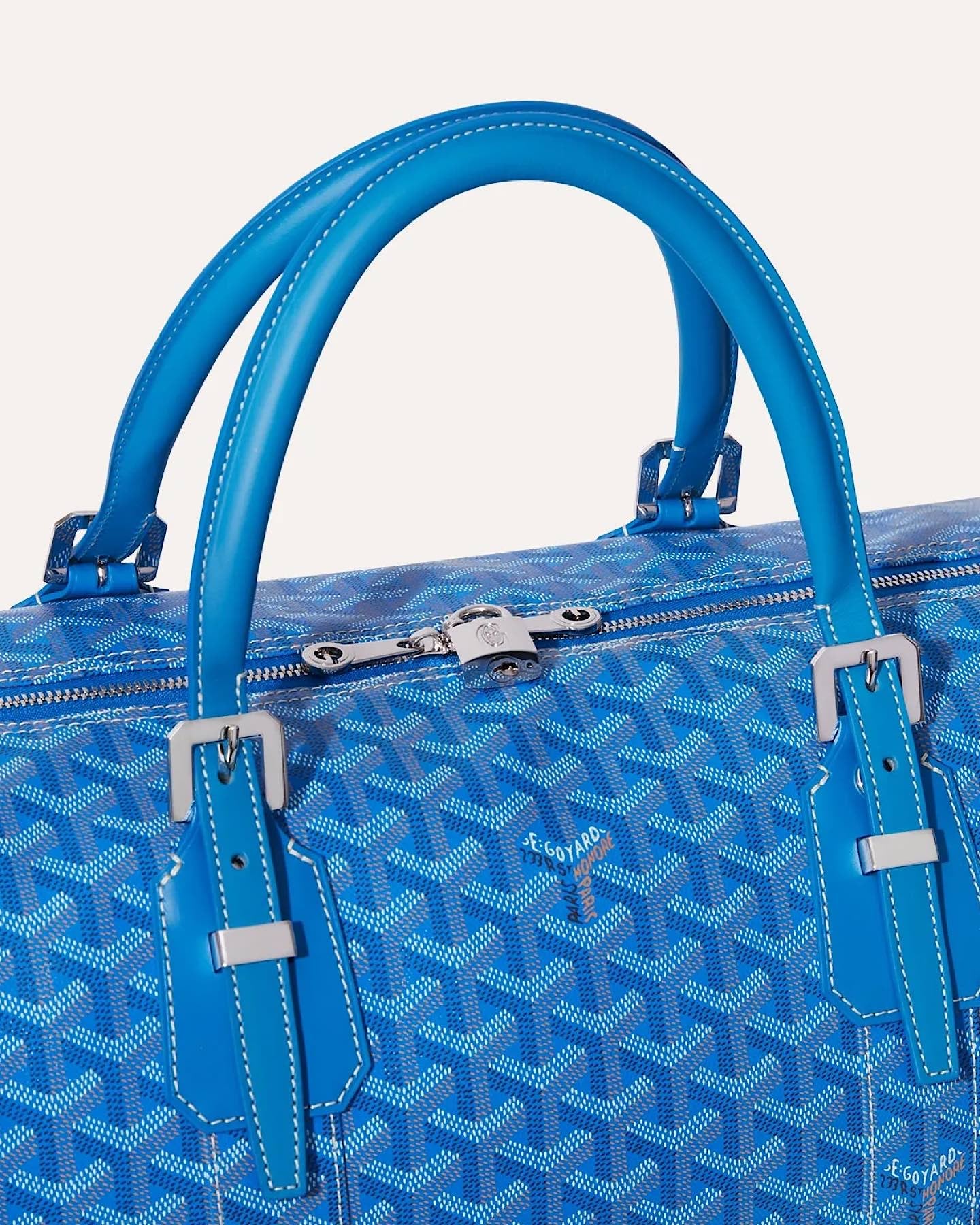 Close-up of the Goyard Boston 50 Bag featuring the iconic Goyardine pattern and palladium hardware.
