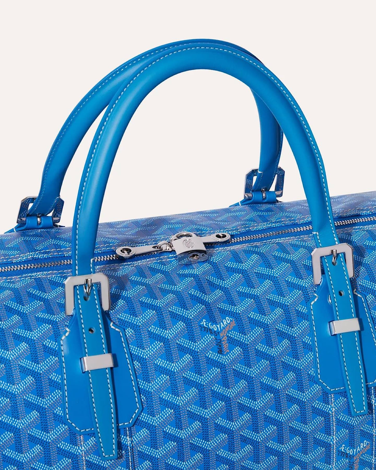 Close-up of the Goyard Boston 50 Bag featuring the iconic Goyardine pattern and palladium hardware.
