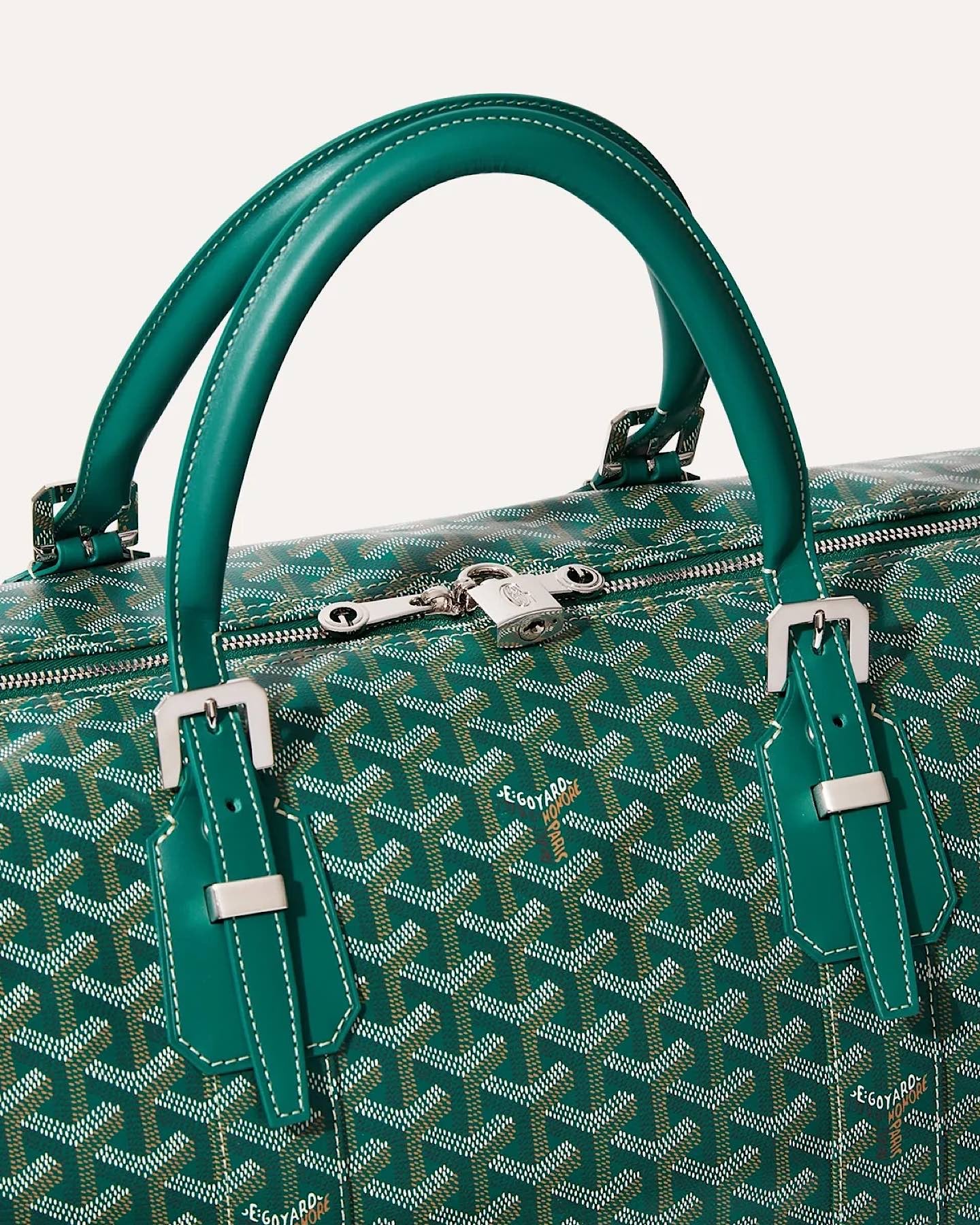 Close-up of the Goyard Boston 50 Bag showcasing the signature Goyardine pattern and palladium hardware.