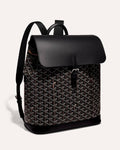 Goyard Alpin MM Backpack in Black Goyardine canvas, front view.