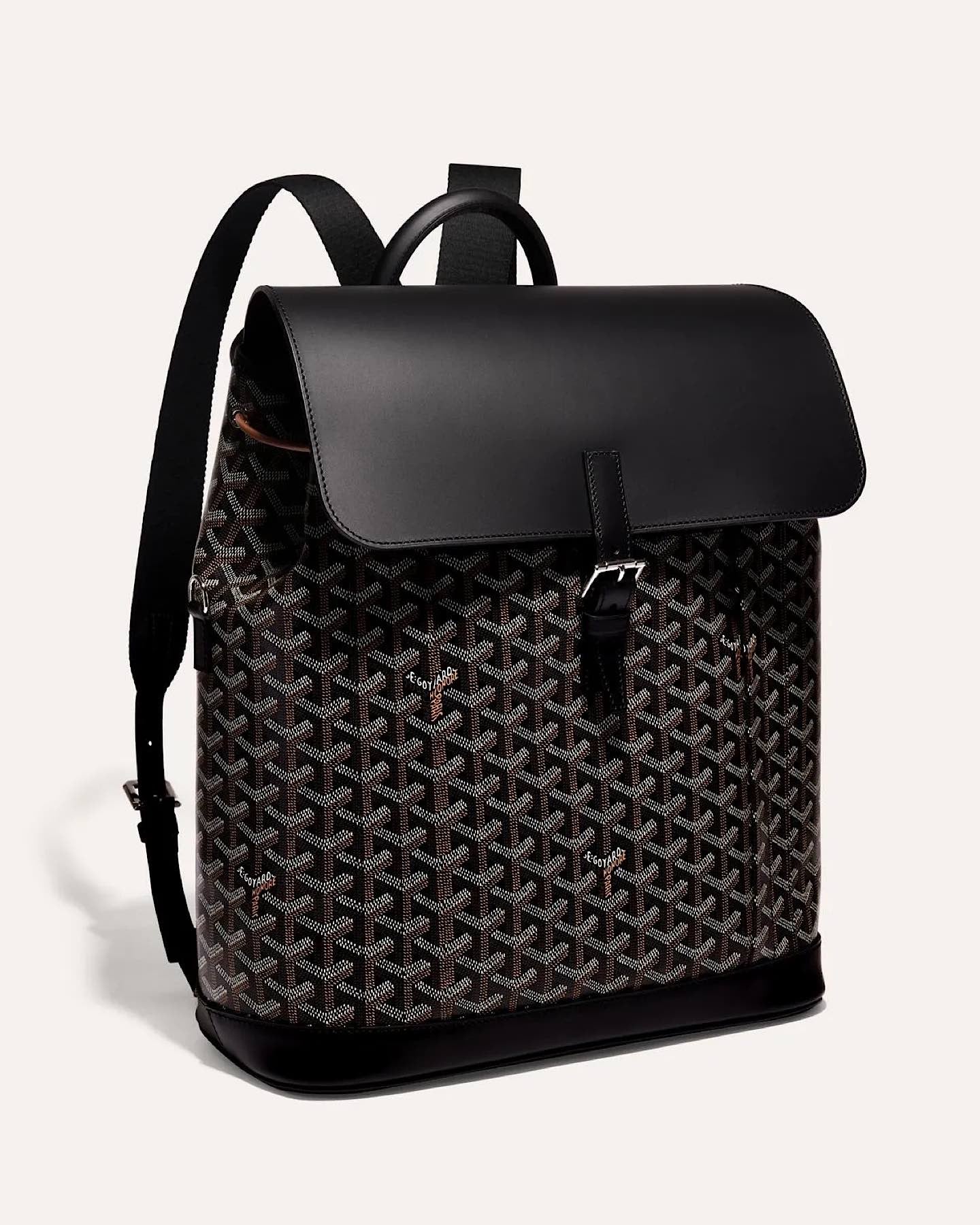 Goyard Alpin MM Backpack in Black Goyardine canvas, front view.