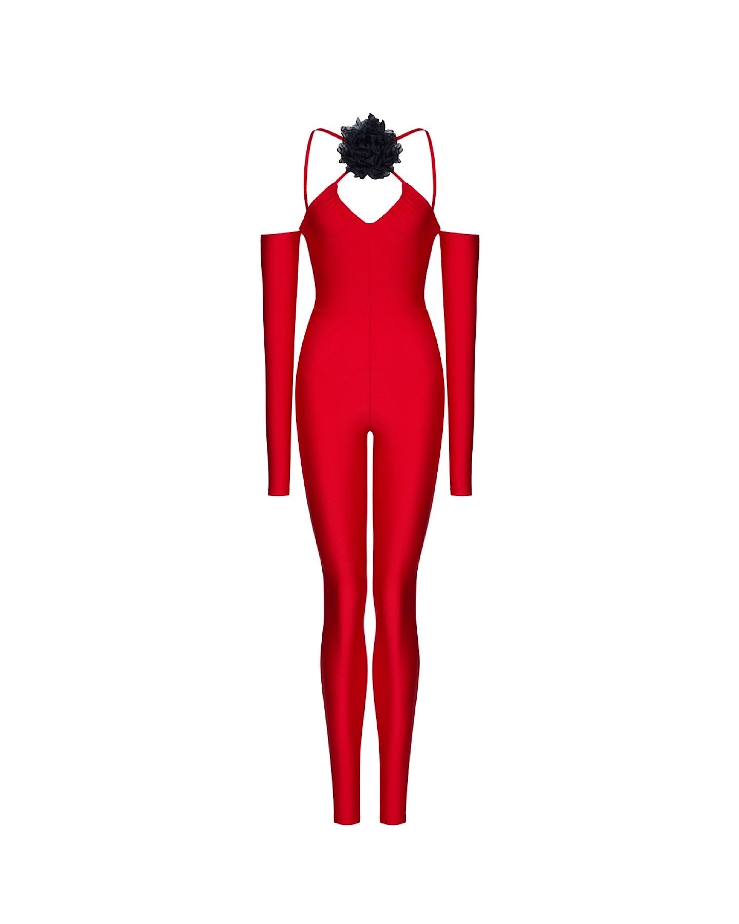 Jumpsuit with a red rose