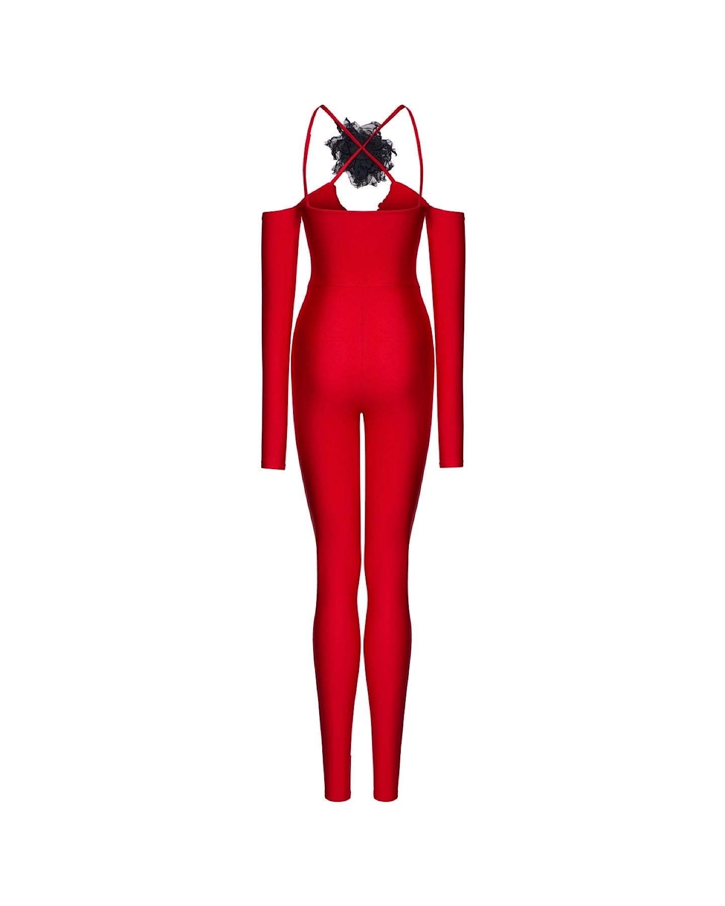 Jumpsuit with a red rose