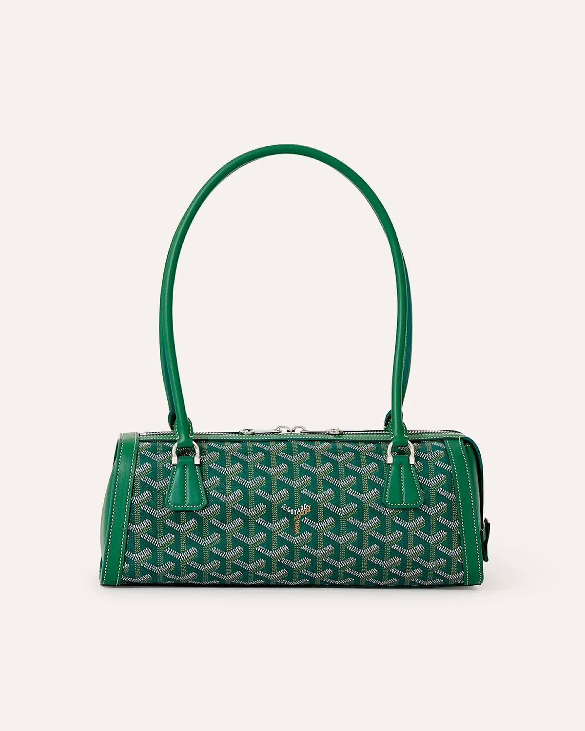 Front view of the Goyard Bonbonniere Bag in Green featuring the iconic Goyardine canvas pattern.