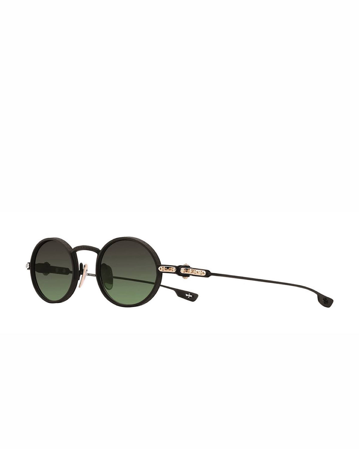 Round Chrome Hearts sunglasses with black frame and dark lenses on a white background
